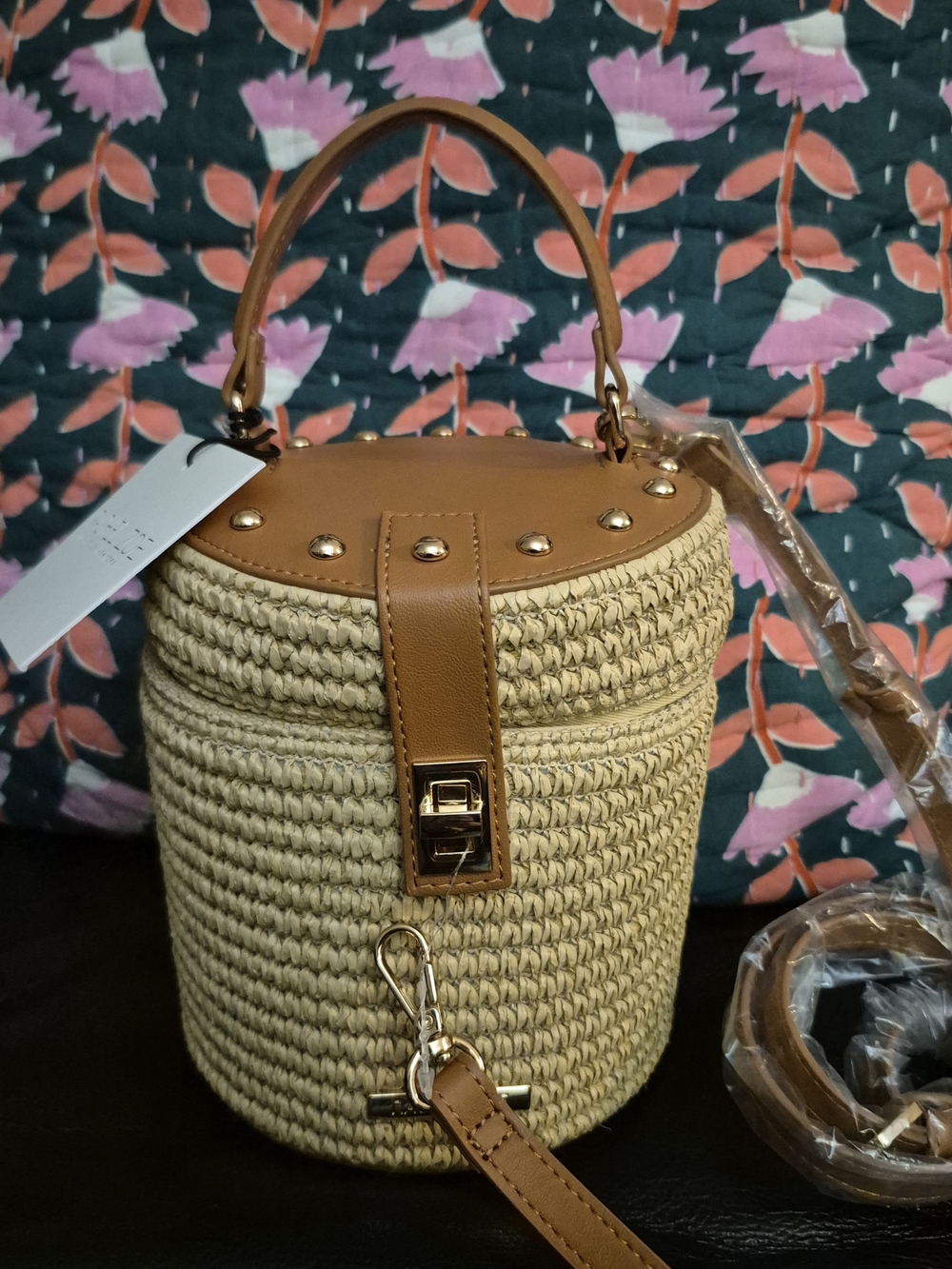 Rachel Zoe Woven Straw Barrel Bag with Faux Tan Leather Trim